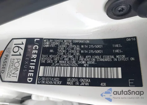 2016 Lexus Lx 570 from USA, damaged, VIN JTJHY7AX4G4210035